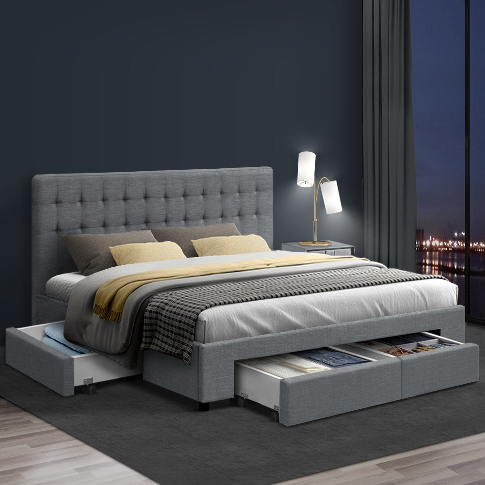 Artiss King Bed Frame King Size with 4 Drawers Grey AVIO