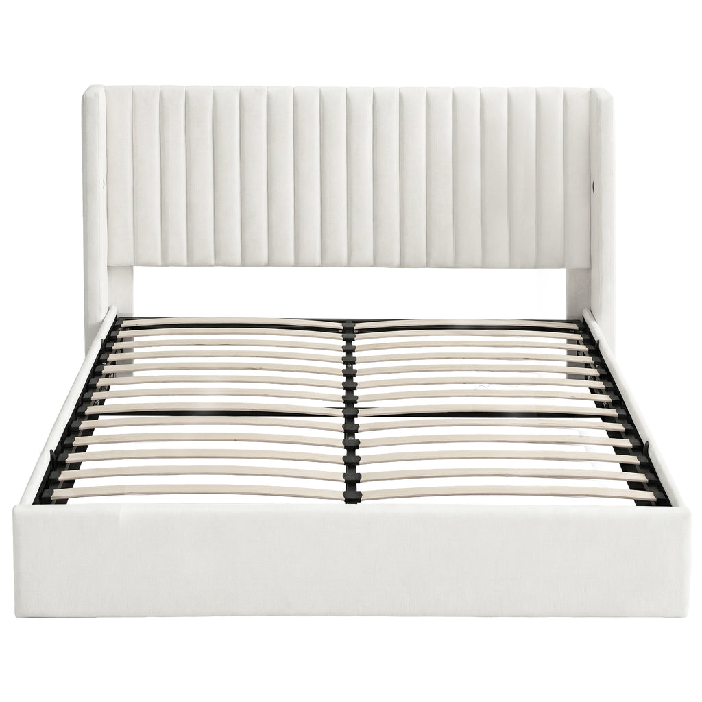 Artiss King Bed Frame with Gaslift Storage USB Type-C Charging Ports Velvet Upholstery White