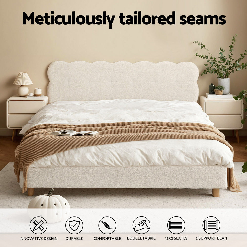 Artiss Double Bed Frame Cloud Headboard Boucle Fabric Platform Base White