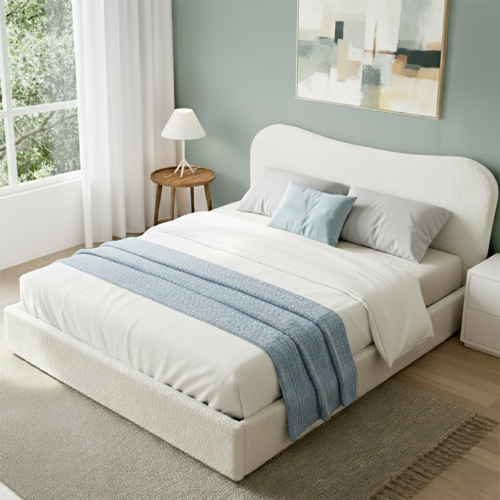 Artiss Double Bed Frame with Gaslift Storage Wooden Platform Base Boucle Upholstered White
