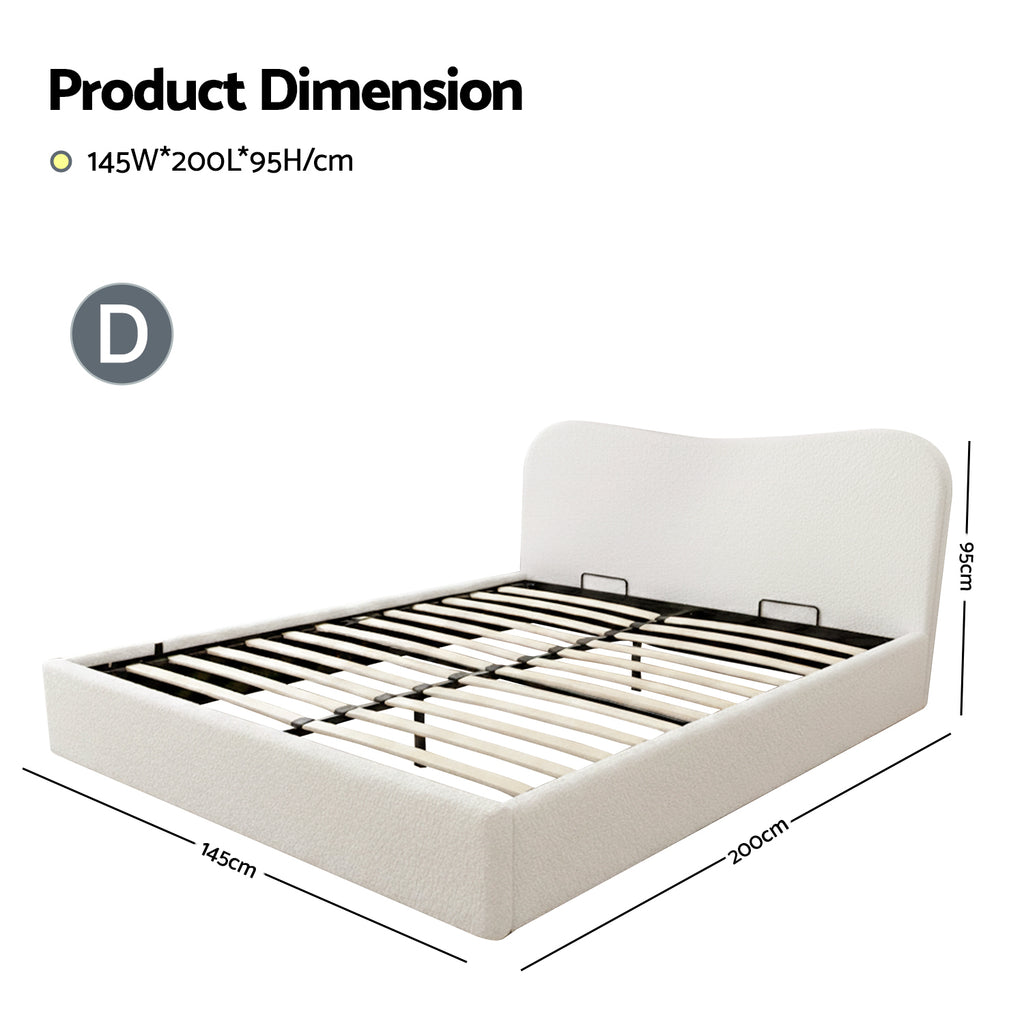 Artiss Double Bed Frame with Gaslift Storage Wooden Platform Base Boucle Upholstered White