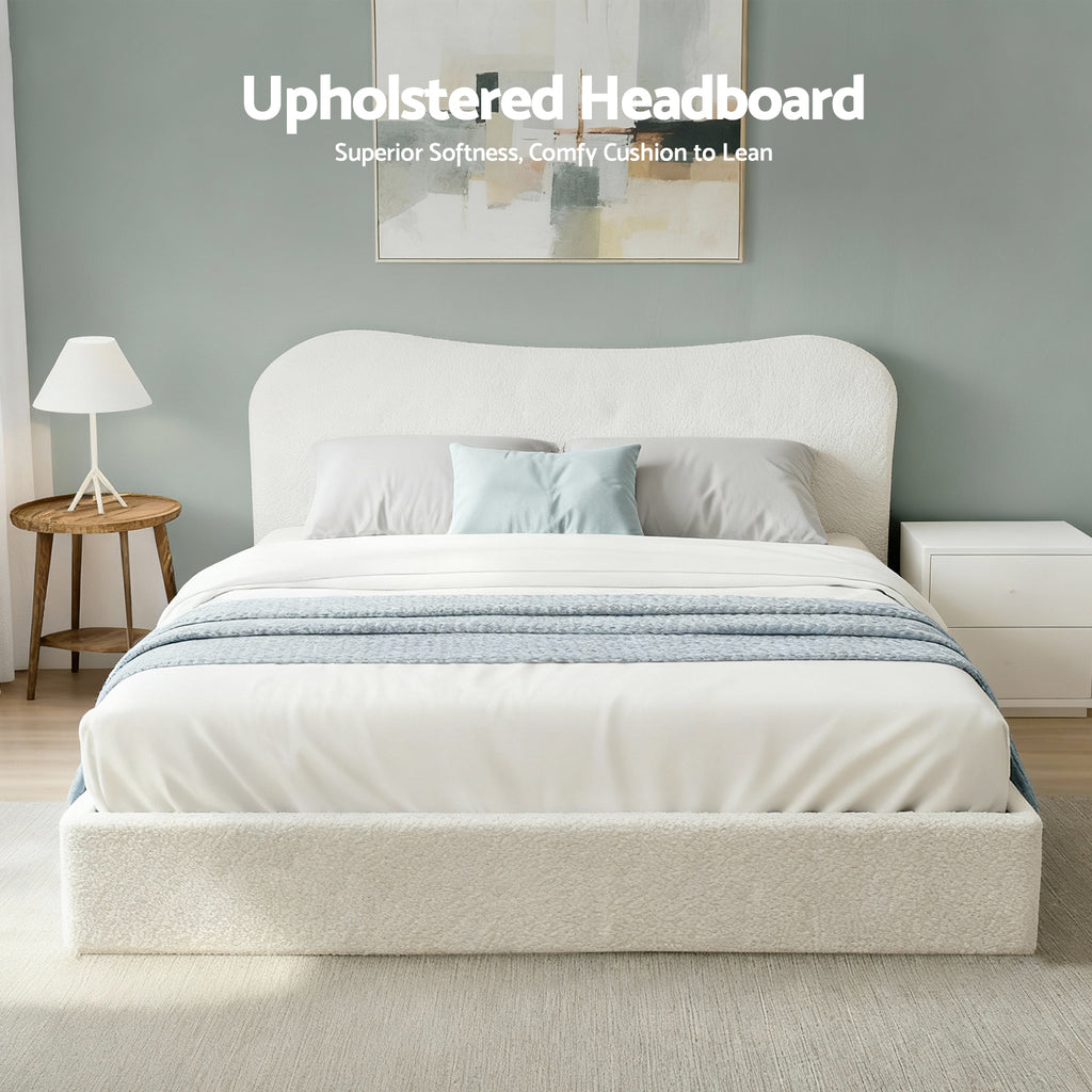 Artiss Double Bed Frame with Gaslift Storage Wooden Platform Base Boucle Upholstered White