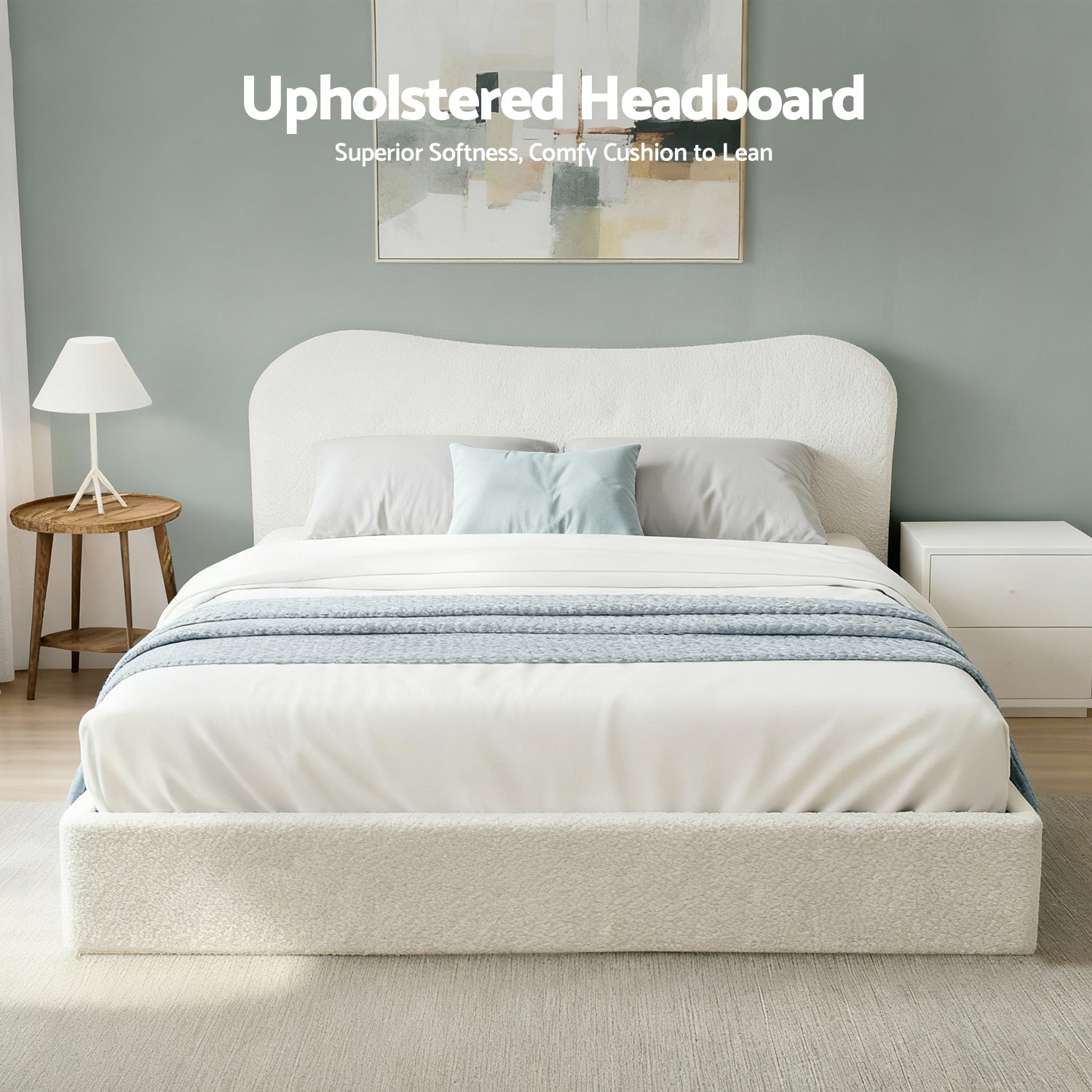 Artiss Double Bed Frame with Gaslift Storage Wooden Platform Base Boucle Upholstered White