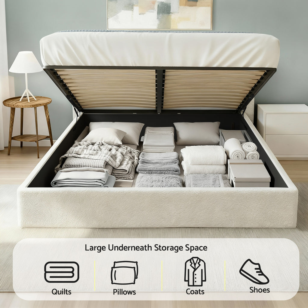 Artiss Double Bed Frame with Gaslift Storage Wooden Platform Base Boucle Upholstered White