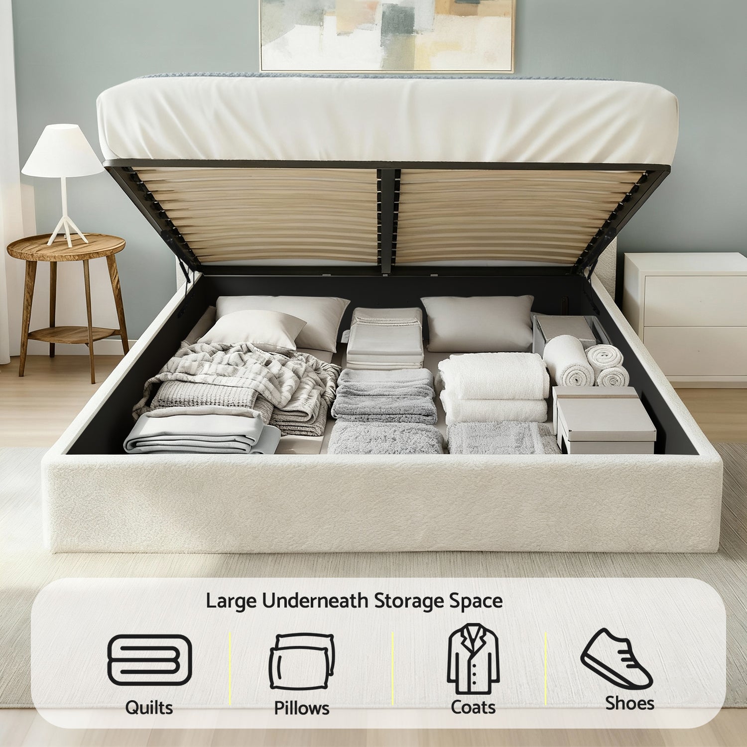 Artiss Double Bed Frame with Gaslift Storage Wooden Platform Base Boucle Upholstered White