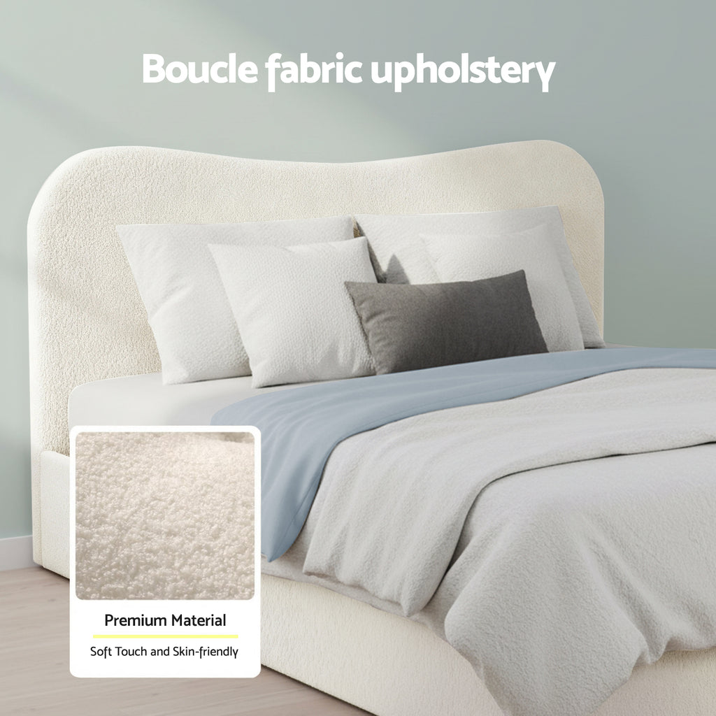 Artiss Double Bed Frame with Gaslift Storage Wooden Platform Base Boucle Upholstered White