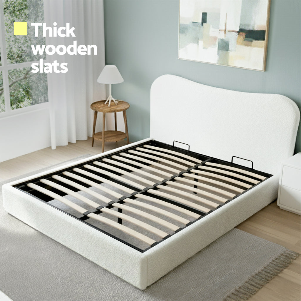 Artiss Double Bed Frame with Gaslift Storage Wooden Platform Base Boucle Upholstered White