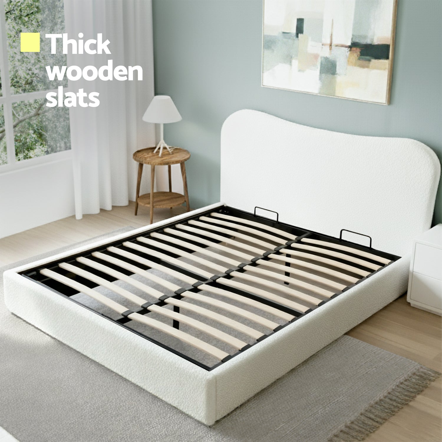 Artiss Double Bed Frame with Gaslift Storage Wooden Platform Base Boucle Upholstered White