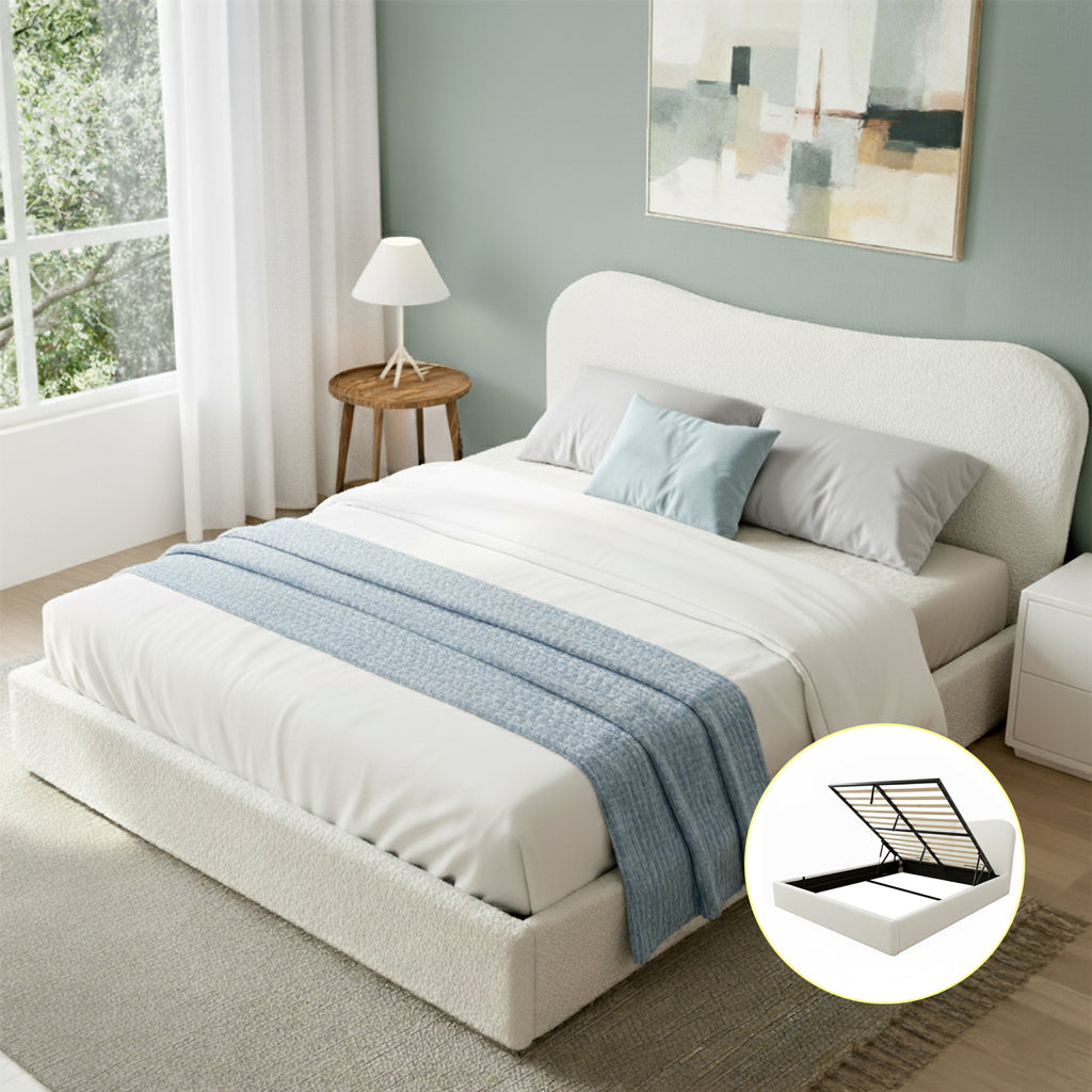 Artiss Double Bed Frame with Gaslift Storage Wooden Platform Base Boucle Upholstered White