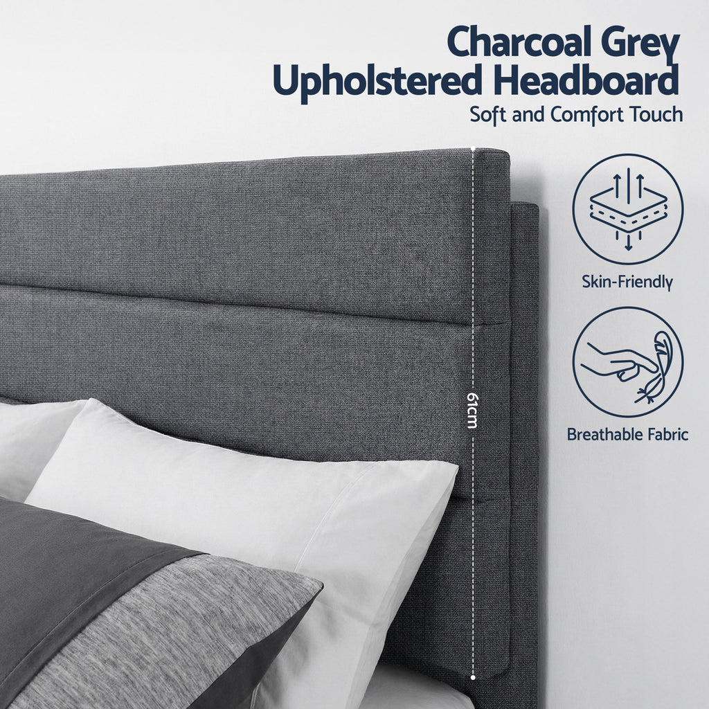 Artiss King Bed Frame Upholstered Platform Base with Geometric Headboard Charcoal Grey Linen Wood Slats for Modern Bedroom Furniture Home Decor
