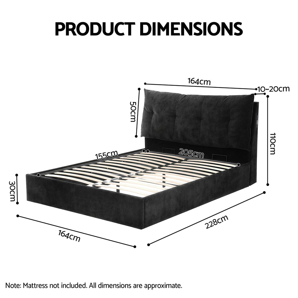 Artiss Queen Bed Frame with Horizontal Gas Lift Storage with LED Light USB Type-C Charging Station Black Velvet