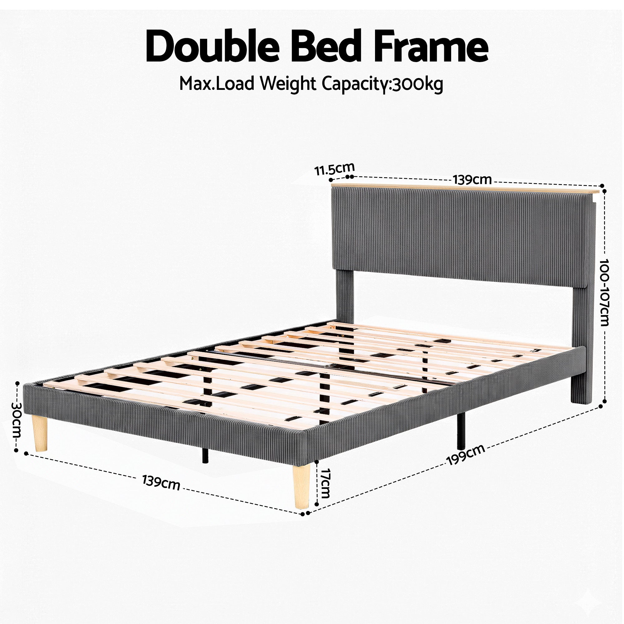 Artiss Double Bed Frame Upholstered Adjustable Headboard Mood Lighting Heavy Duty Grey Velvet