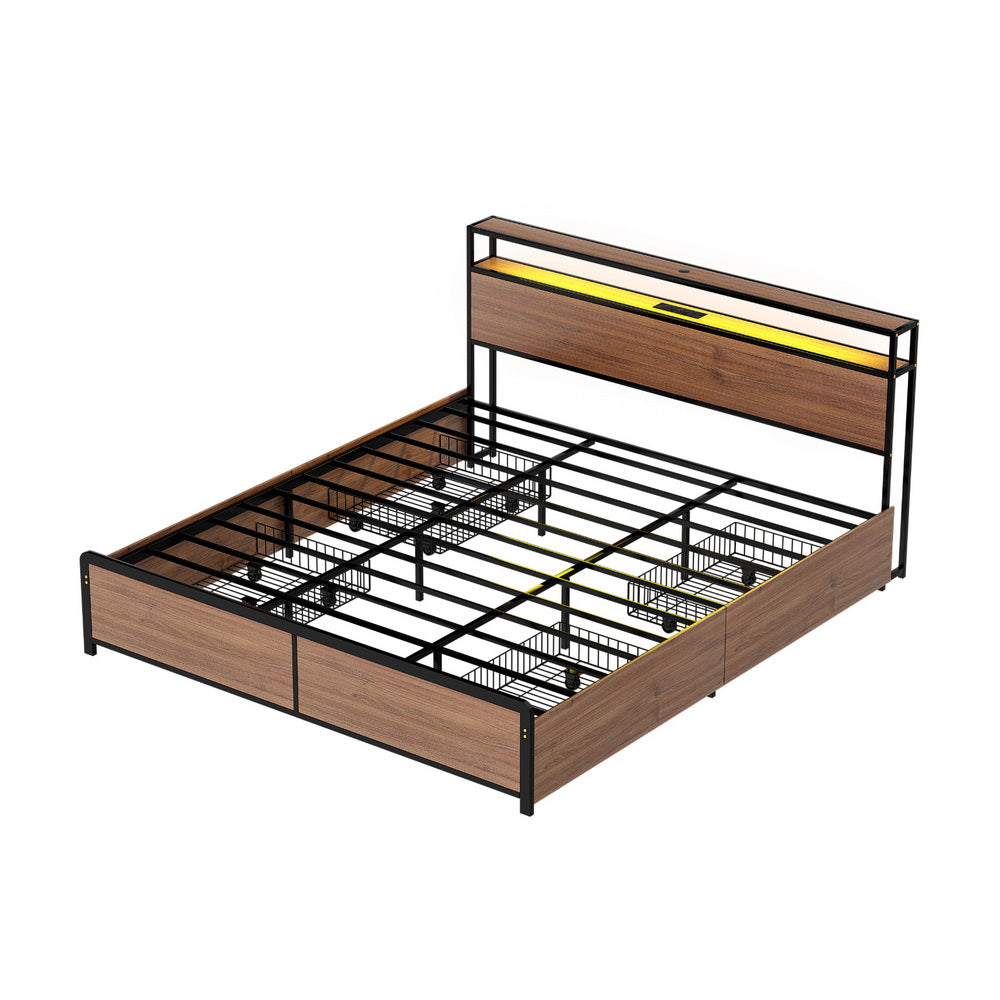 Artiss Metal King Bed Frame King Size with 2-Tier Storage Headboard Metal Platform with 4 Storage Drawers Built in Charging Station & LED Noise-Free/Metal Support/No Box Spring Needed Vintage Brown