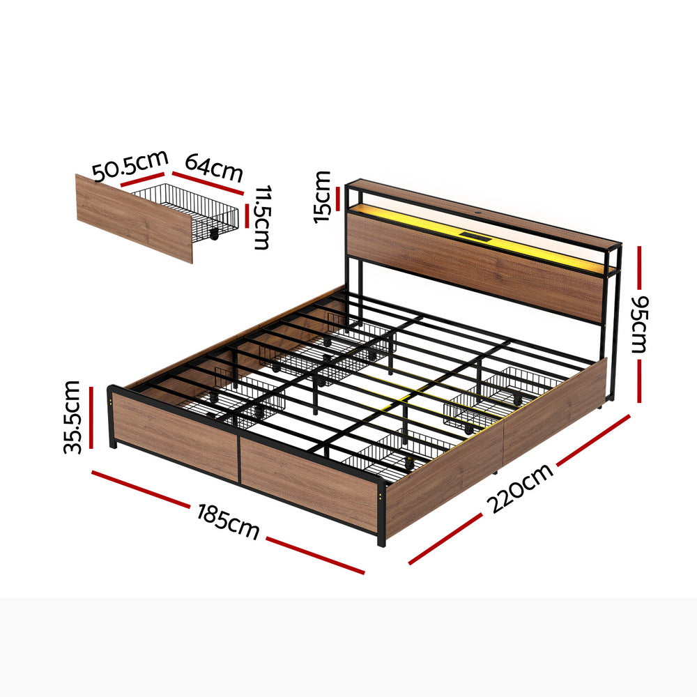 Artiss Metal King Bed Frame King Size with 2-Tier Storage Headboard Metal Platform with 4 Storage Drawers Built in Charging Station & LED Noise-Free/Metal Support/No Box Spring Needed Vintage Brown