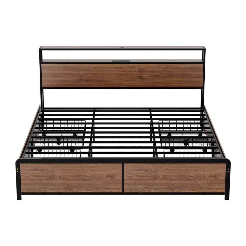 Artiss Metal King Bed Frame King Size with 2-Tier Storage Headboard Metal Platform with 4 Storage Drawers Built in Charging Station & LED Noise-Free/Metal Support/No Box Spring Needed Vintage Brown