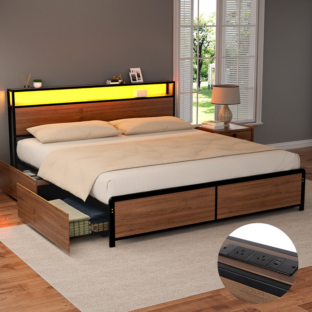 Artiss Metal King Bed Frame King Size with 2-Tier Storage Headboard Metal Platform with 4 Storage Drawers Built in Charging Station & LED Noise-Free/Metal Support/No Box Spring Needed Vintage Brown