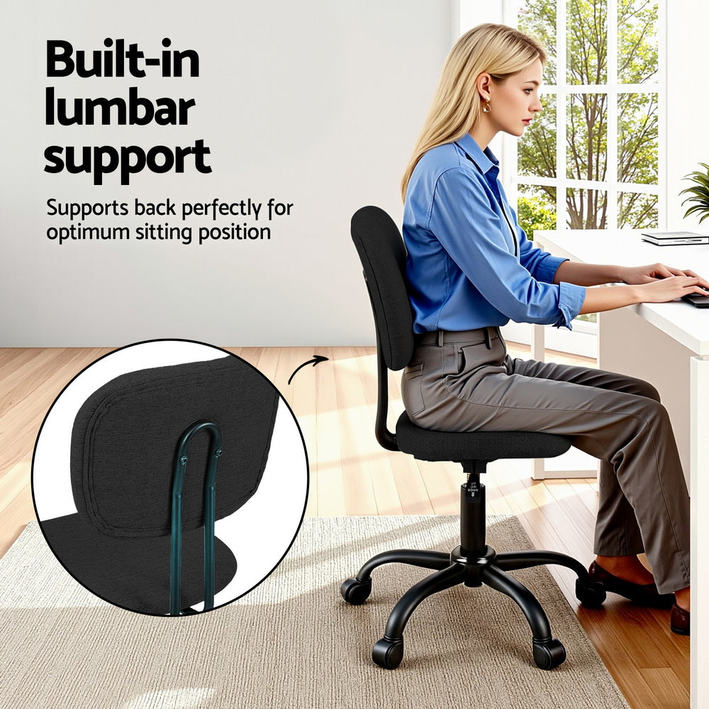 Artiss Armless Office Chair with Wheels, Ergonomic 360° Swivel Home Office Chair, Height Adjustable Computer Task Chair with Fabric Back and Seat for Small Space, Black