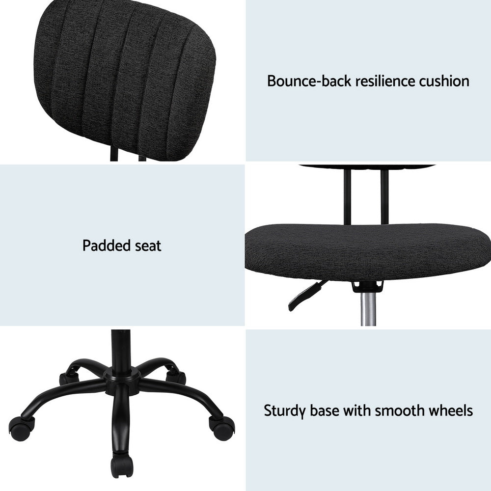 Artiss Armless Office Chair with Wheels, Ergonomic 360° Swivel Home Office Chair, Height Adjustable Computer Task Chair with Fabric Back and Seat for Small Space, Black