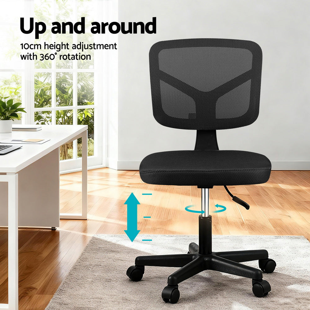 Artiss Armless Office Chair with Wheels, Ergonomic 360° Swivel Home Office Chair, Height Adjustable Computer Task Chair with Fabric Back and Seat for Small Space, Black