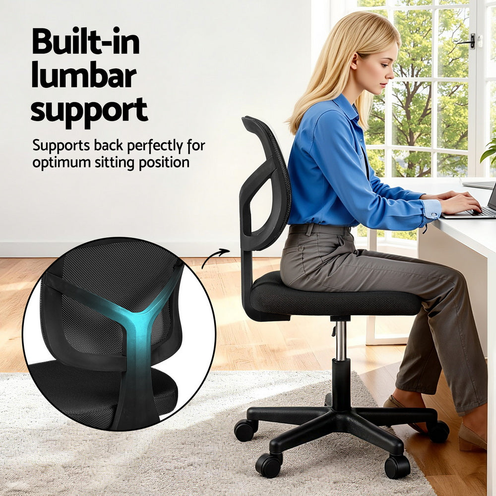 Artiss Armless Office Chair with Wheels, Ergonomic 360° Swivel Home Office Chair, Height Adjustable Computer Task Chair with Fabric Back and Seat for Small Space, Black