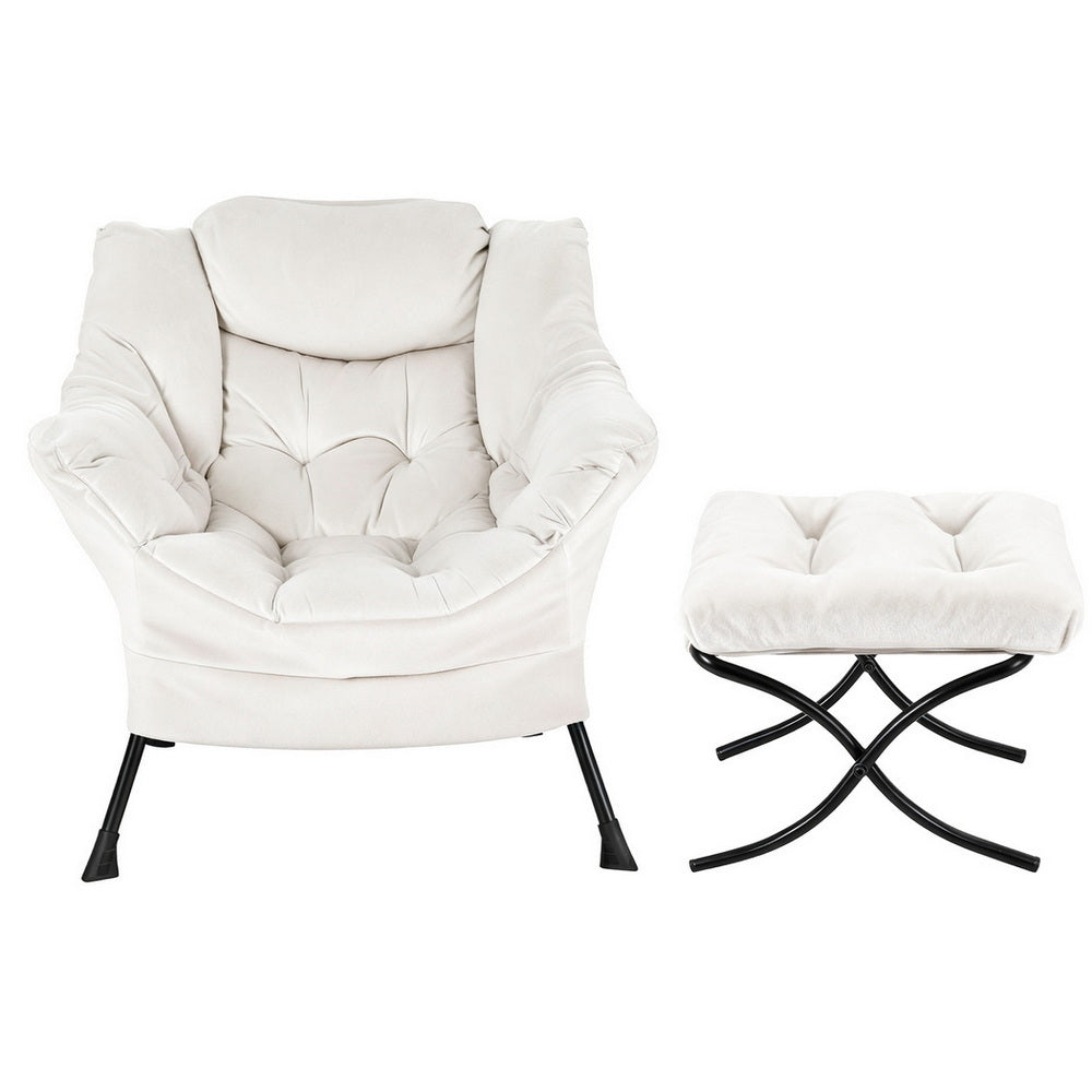Artiss Armchair Accent Chair Ottoman Lounge Footrest Velvet White