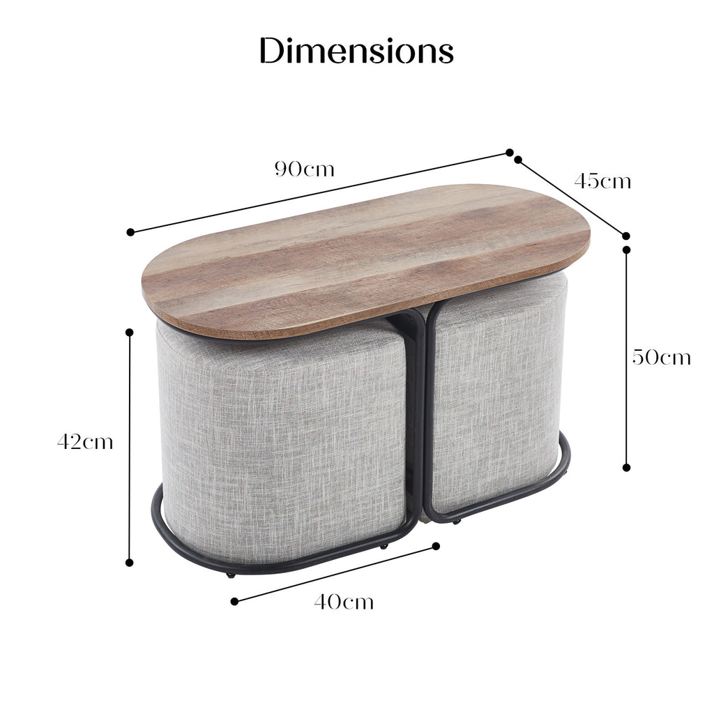 3 Piece Set Coffee Table & Ottoman Wood Side End Table Industrial - CREAM GREY