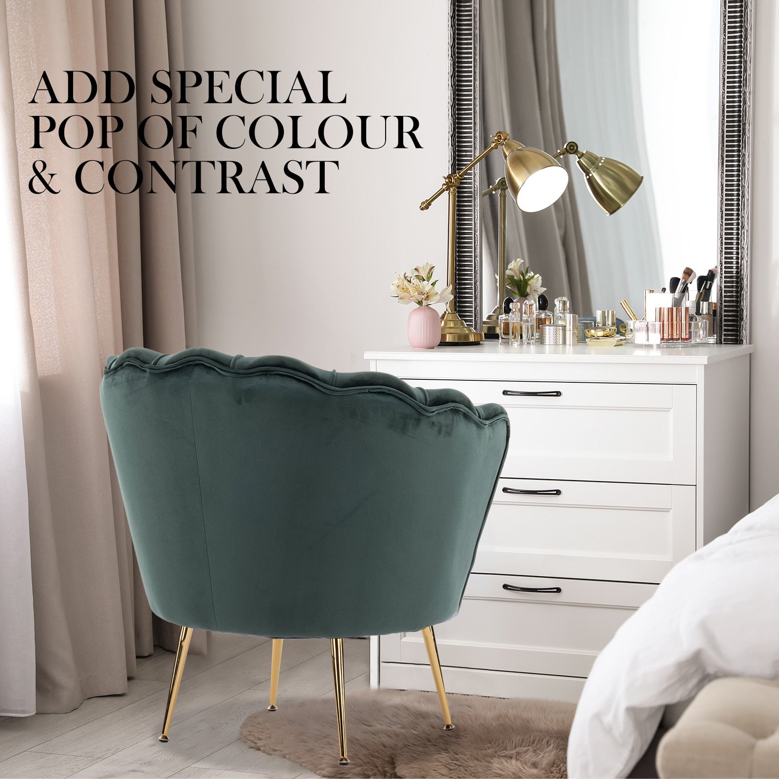 Armchair Lounge Chair Accent Velvet Shell Scallop + Ottoman Footstool Round GREEN