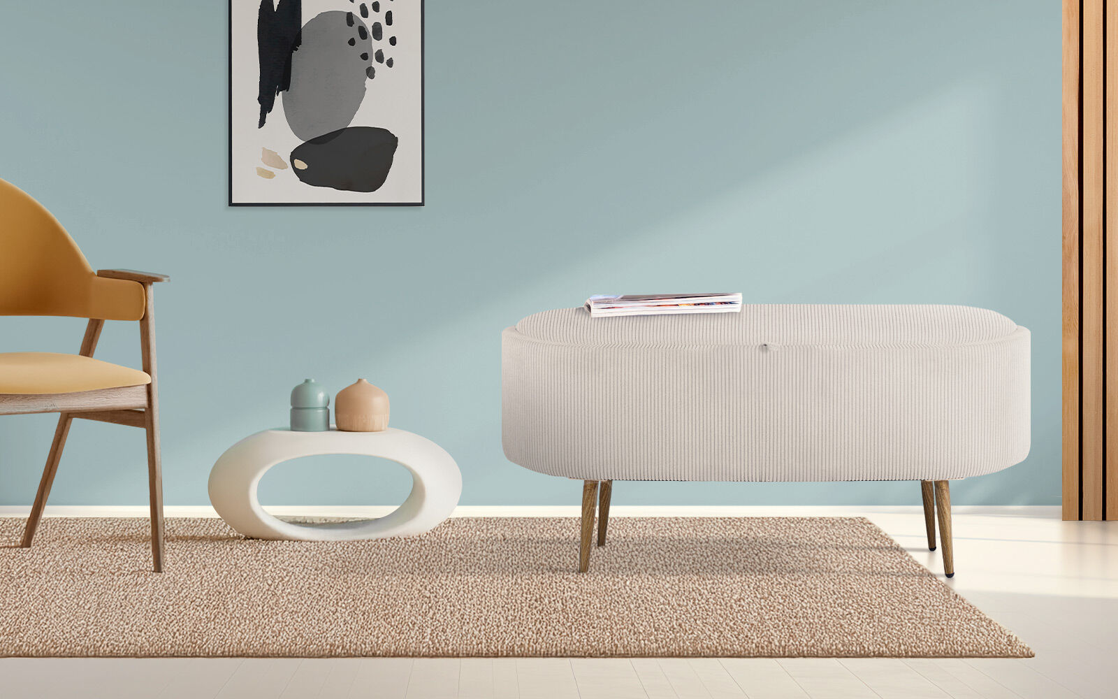 Coffee Table Storage Ottoman - Corduroy Padded Blanket Box Bench ESME CREAM