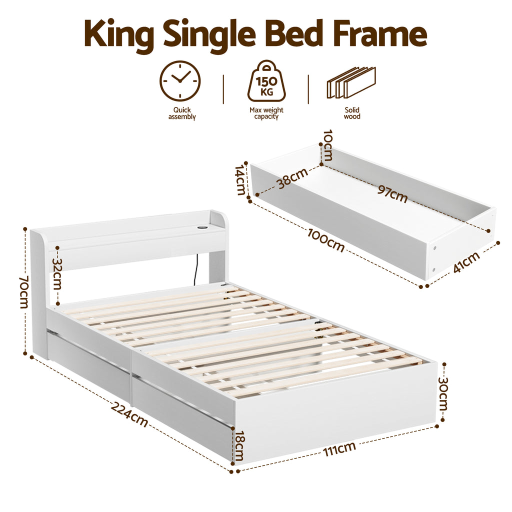 Artiss Bed Frame King Single Size with Charging Ports and 2 Drawers AURA
